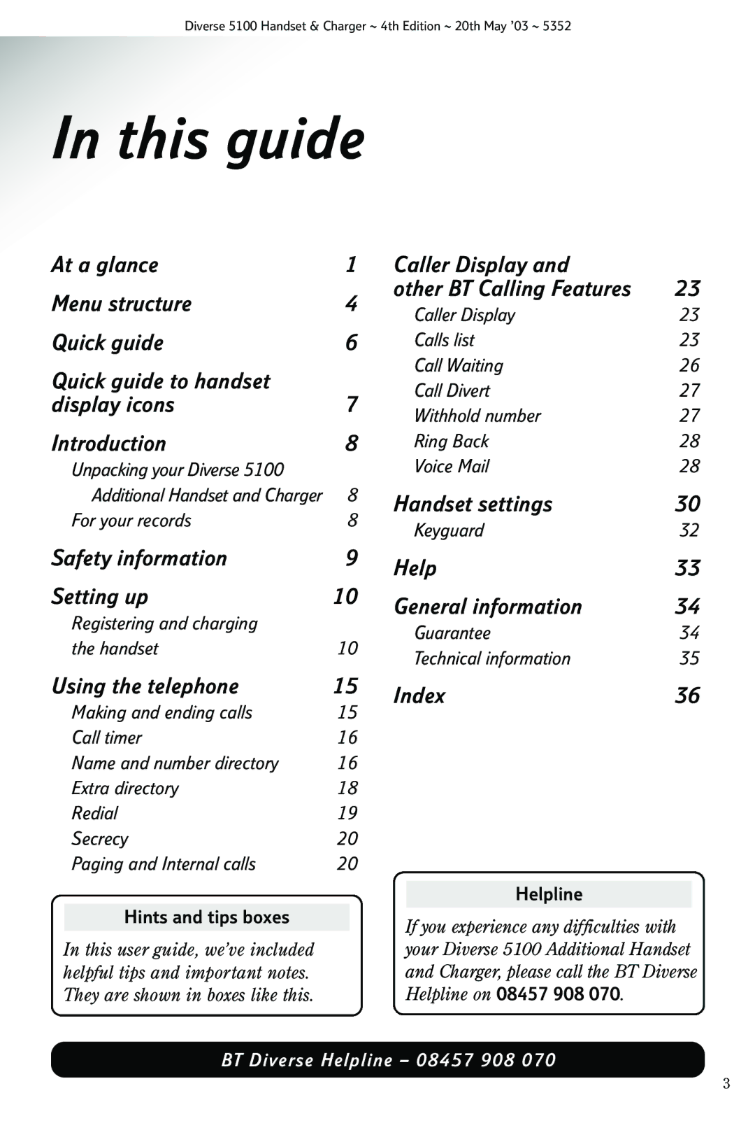 Nokia BT DIVERSE 5100 manual This guide, Hints and tips boxes, Helpline 