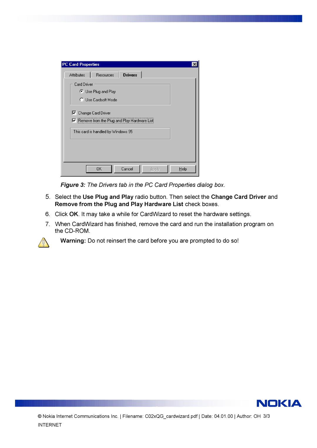 Nokia C021, C020 manual Drivers tab in the PC Card Properties dialog box 