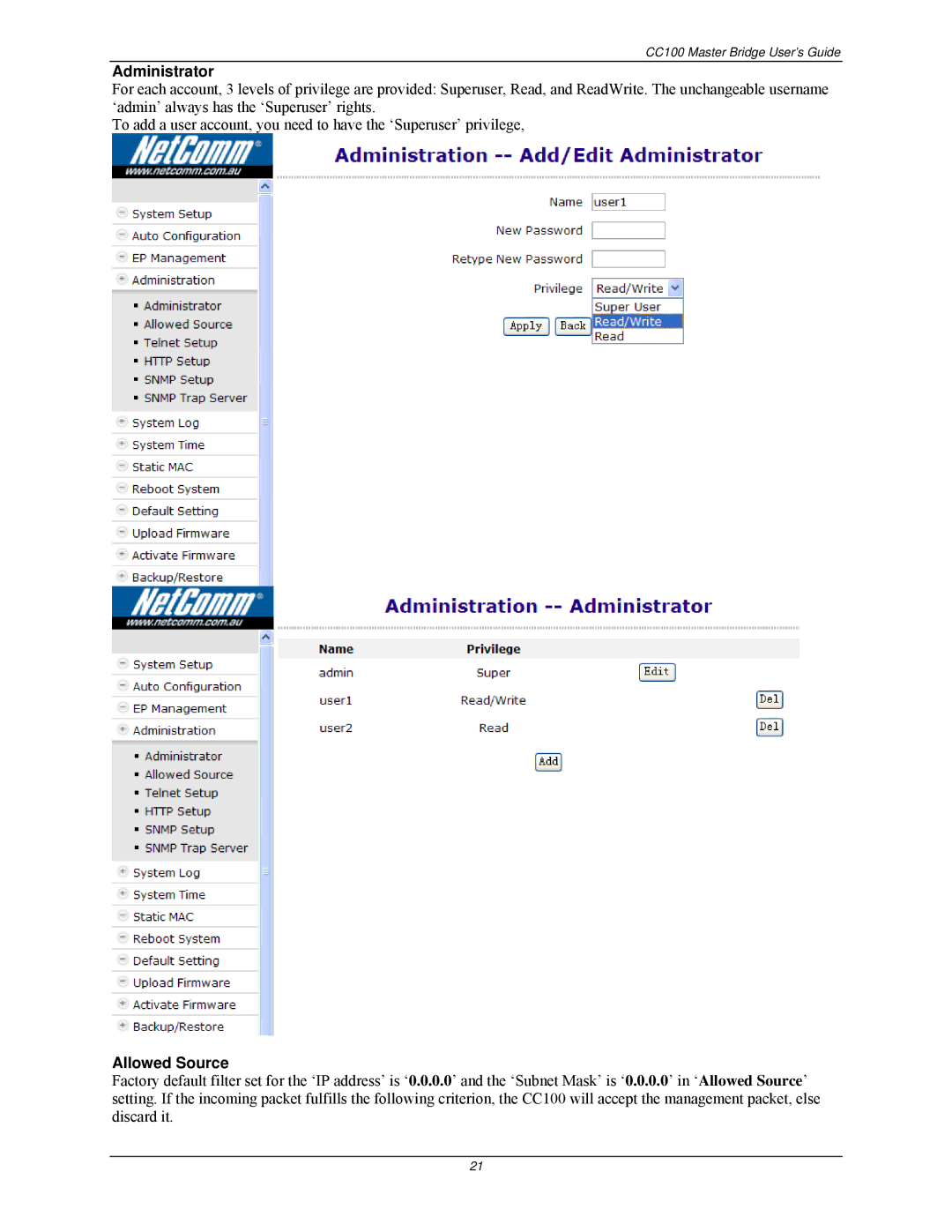 Nokia CC100 manual Administrator, Allowed Source 