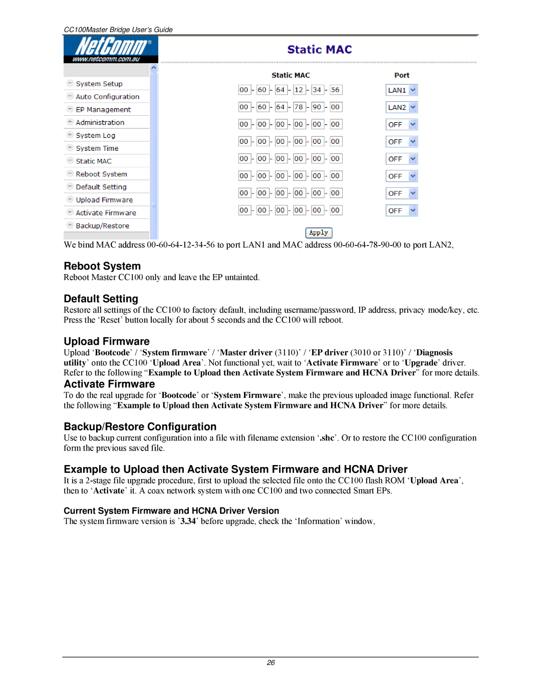 Nokia CC100 manual Reboot System, Default Setting, Upload Firmware, Activate Firmware, Backup/Restore Configuration 