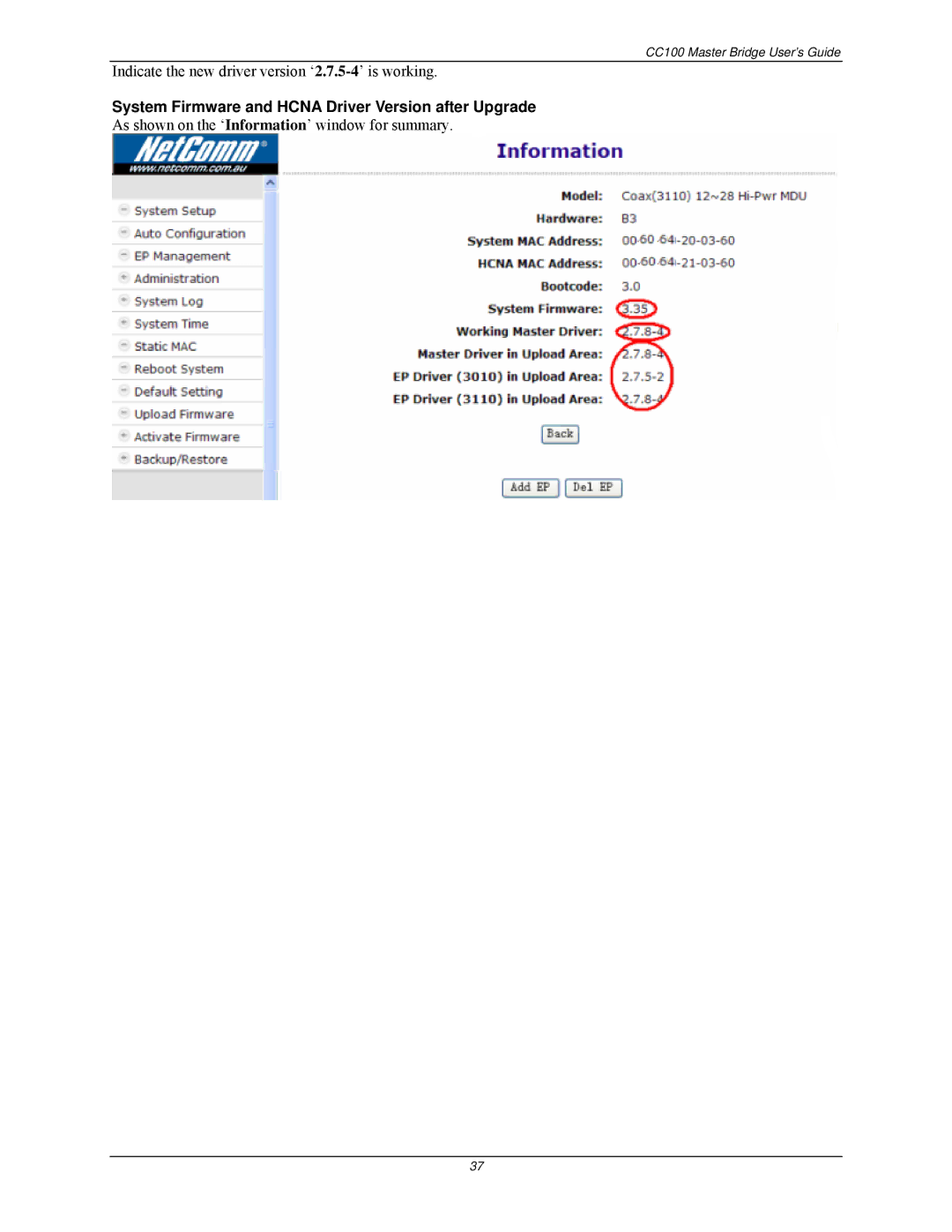 Nokia CC100 manual System Firmware and Hcna Driver Version after Upgrade 