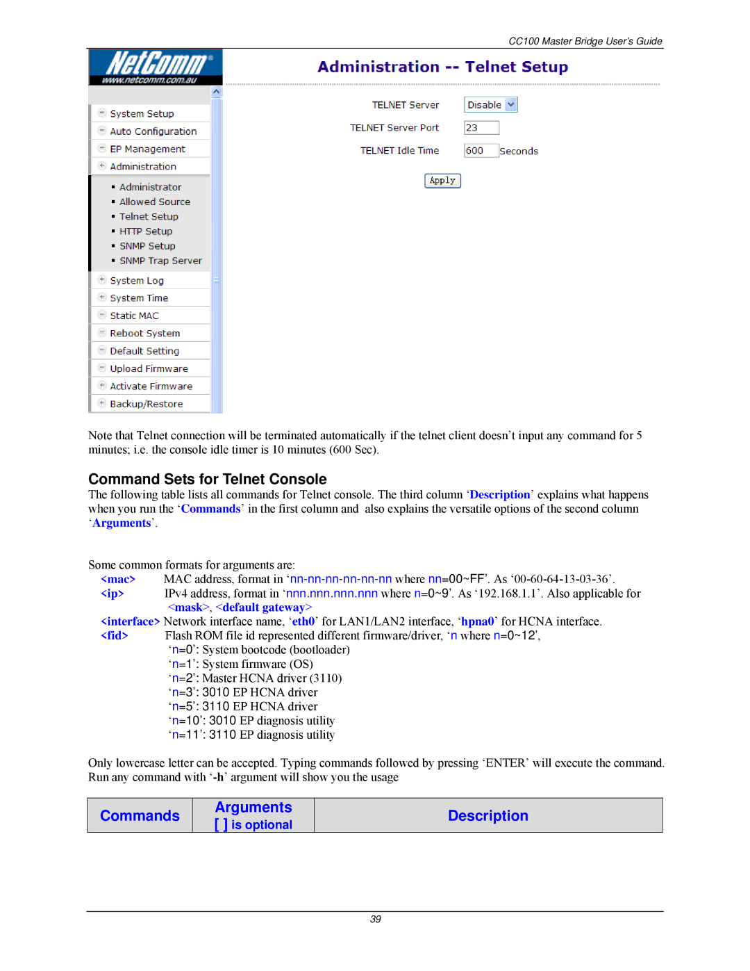 Nokia CC100 manual Command Sets for Telnet Console, Description 