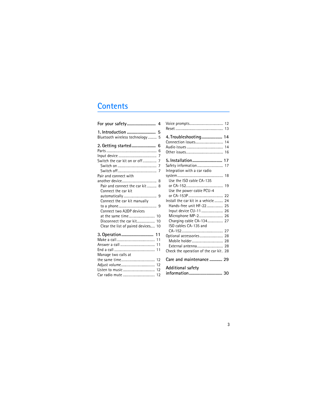 Nokia CK-100 manual Contents 