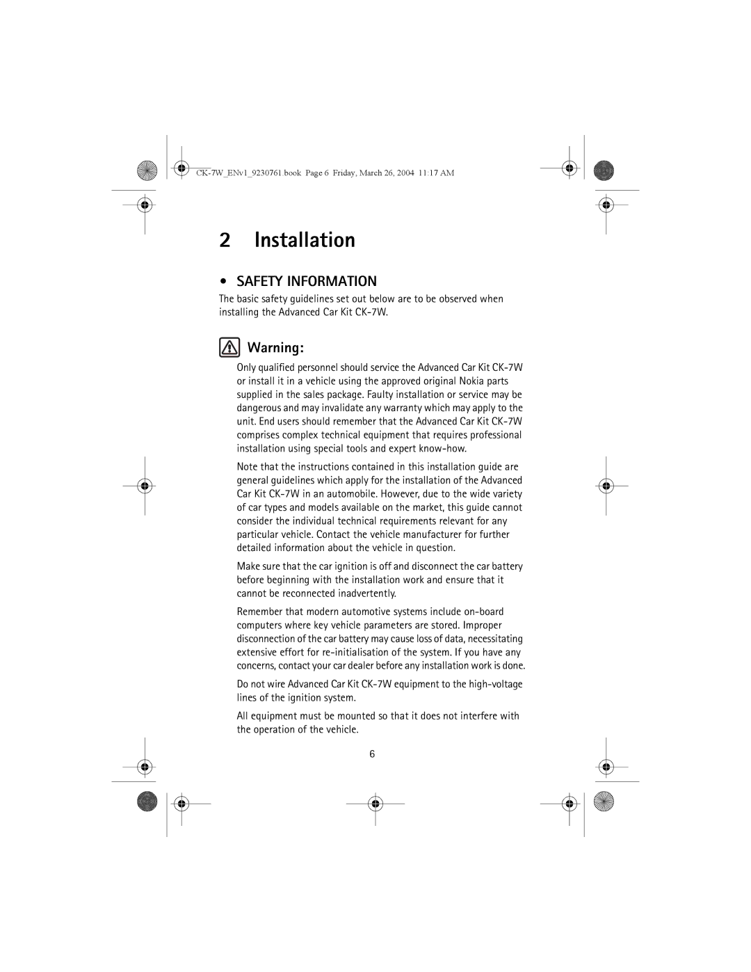 Nokia CK-7W manual Installation, Safety Information 