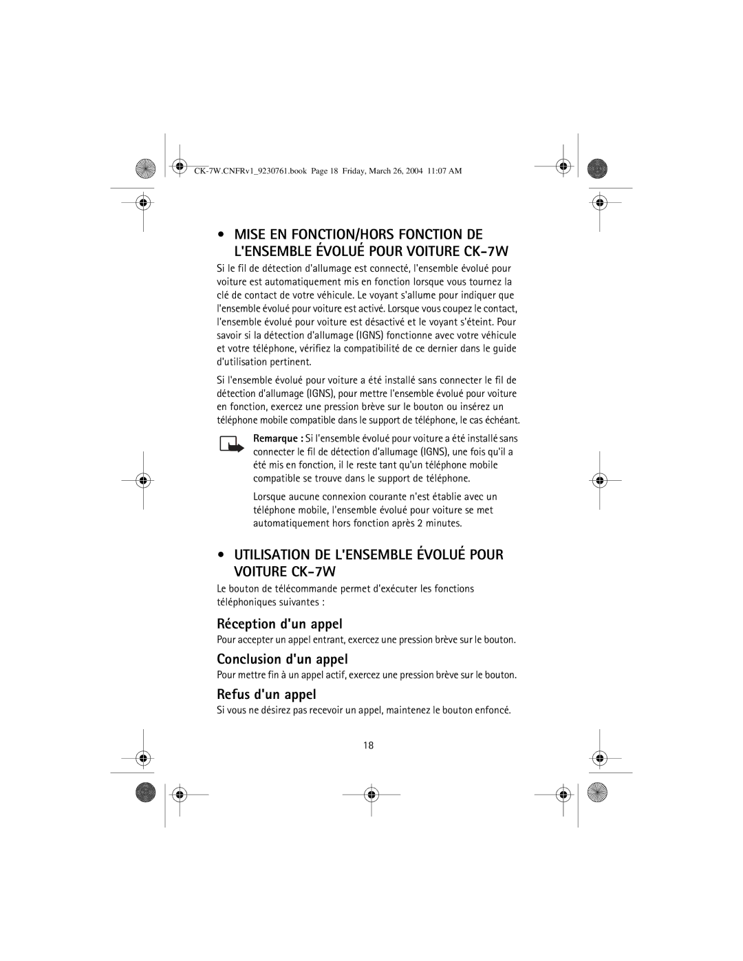 Nokia Utilisation DE Lensemble Évolué Pour Voiture CK-7W, Réception dun appel, Conclusion dun appel, Refus dun appel 