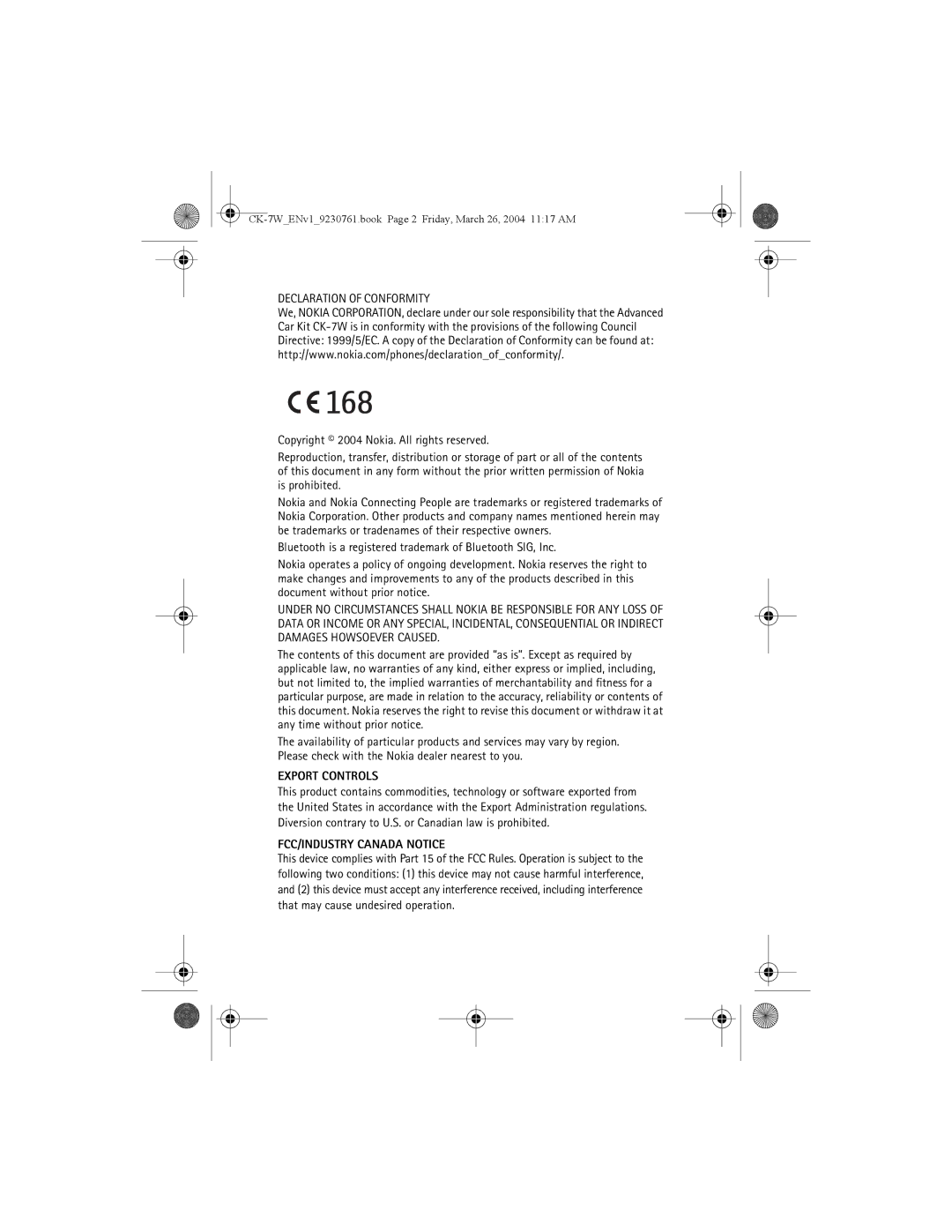 Nokia CK-7W manual Export Controls 