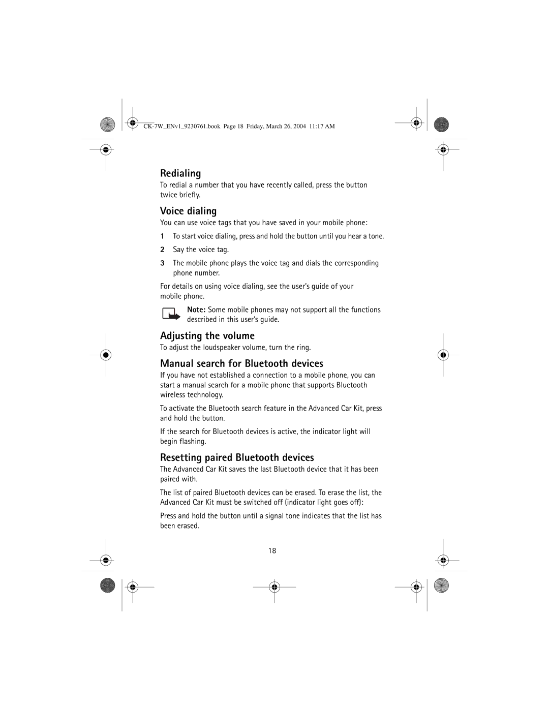 Nokia CK-7W manual Redialing, Voice dialing, Adjusting the volume, Manual search for Bluetooth devices 