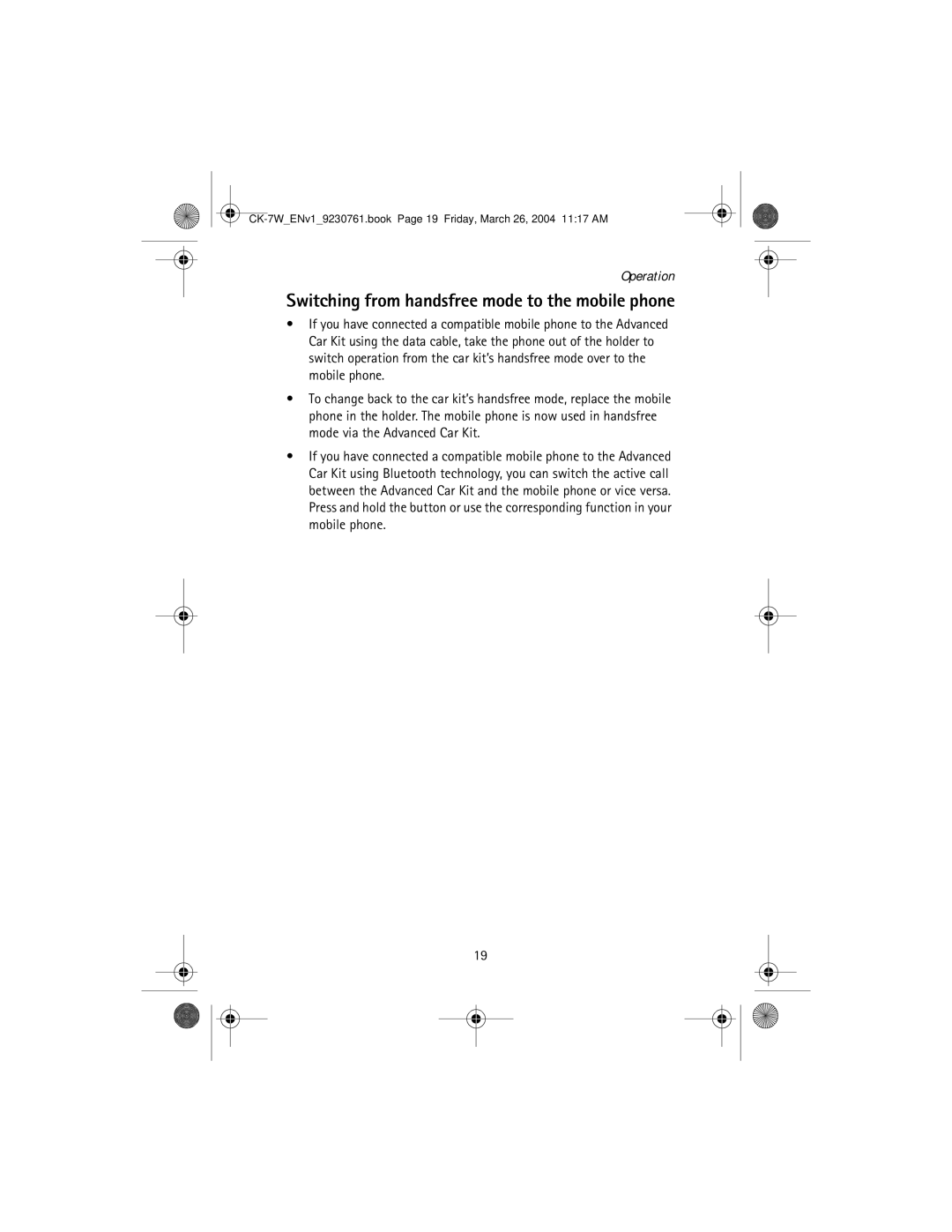 Nokia CK-7W manual Switching from handsfree mode to the mobile phone 