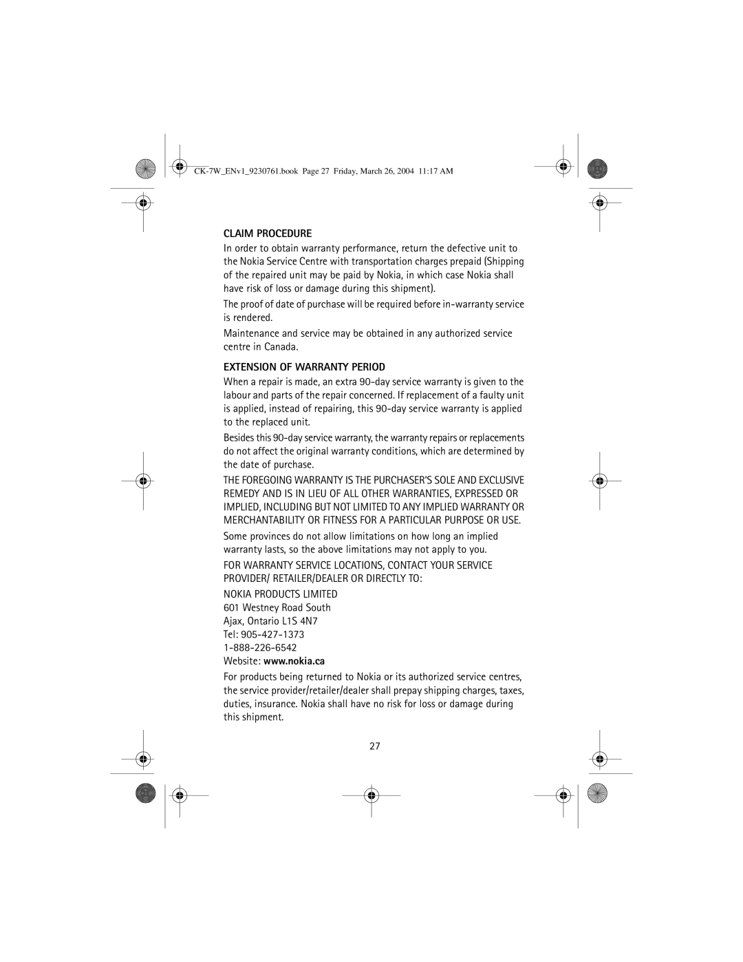 Nokia CK-7W manual Claim Procedure 