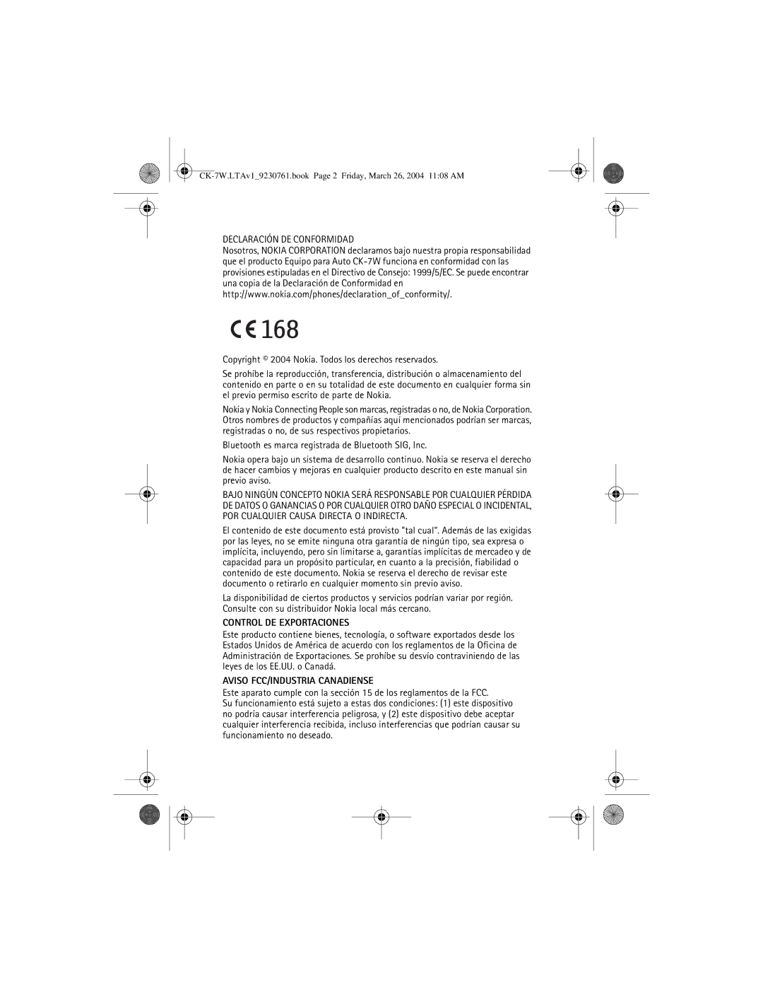 Nokia CK-7W manual Control DE Exportaciones 