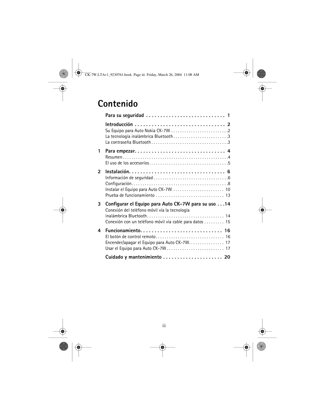 Nokia CK-7W manual Contenido, Conexión del teléfono móvil vía la tecnología 