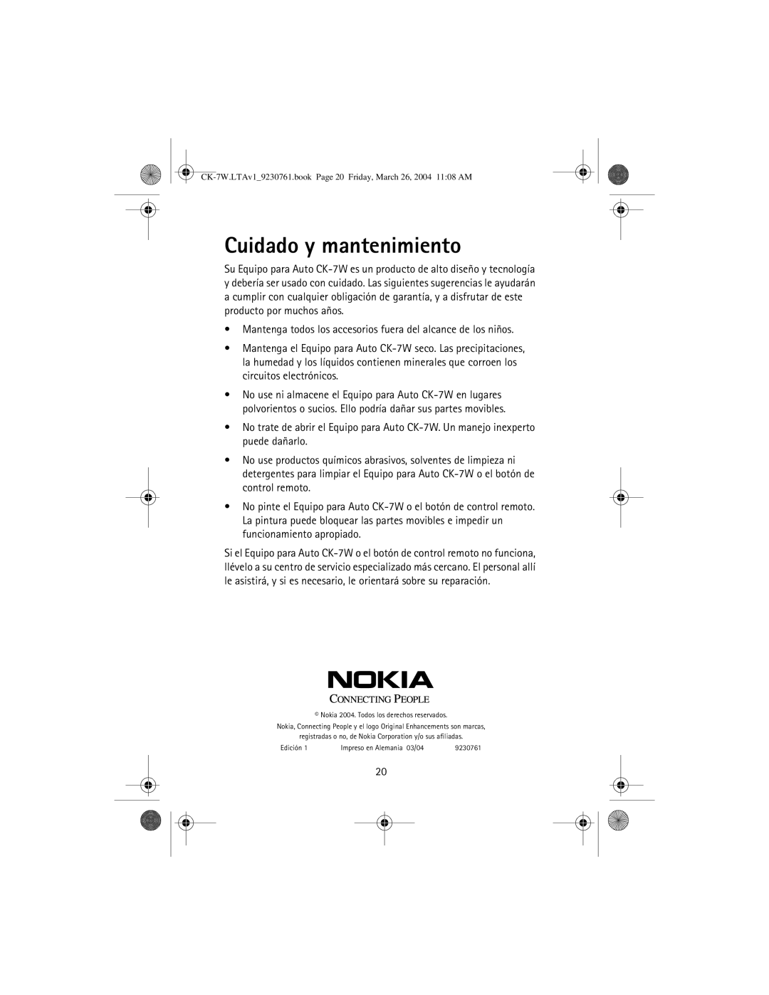 Nokia CK-7W manual Cuidado y mantenimiento 