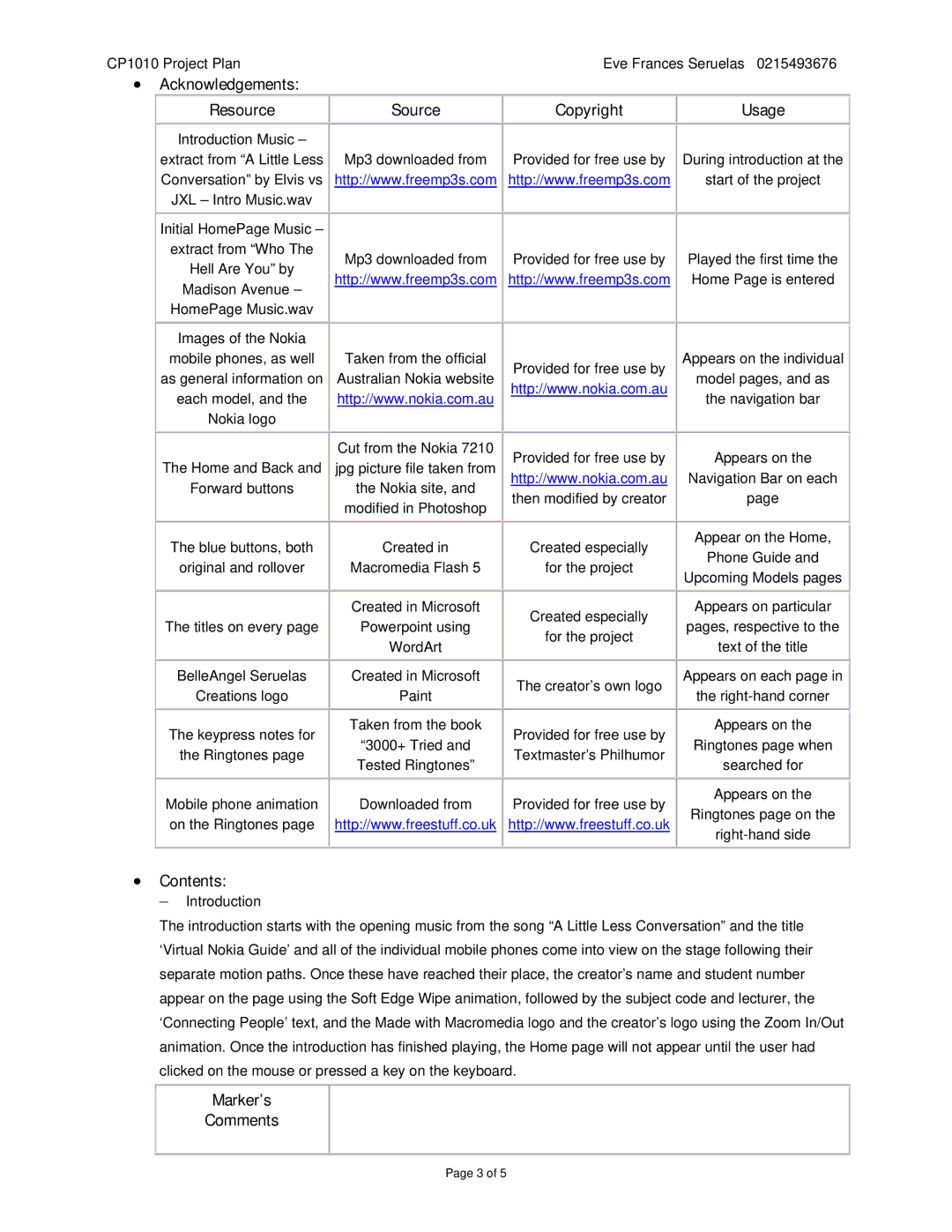 Nokia CP1010 manual Acknowledgements Resource Source Copyright Usage, Contents, Marker’s Comments 