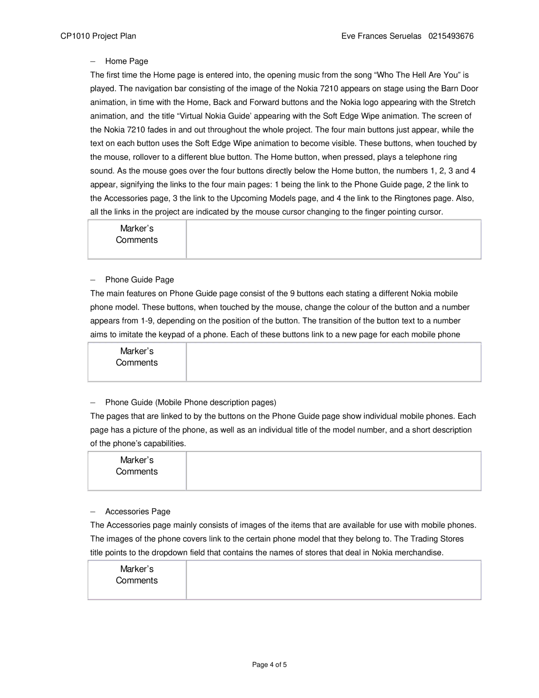 Nokia CP1010 manual Marker’s Comments 