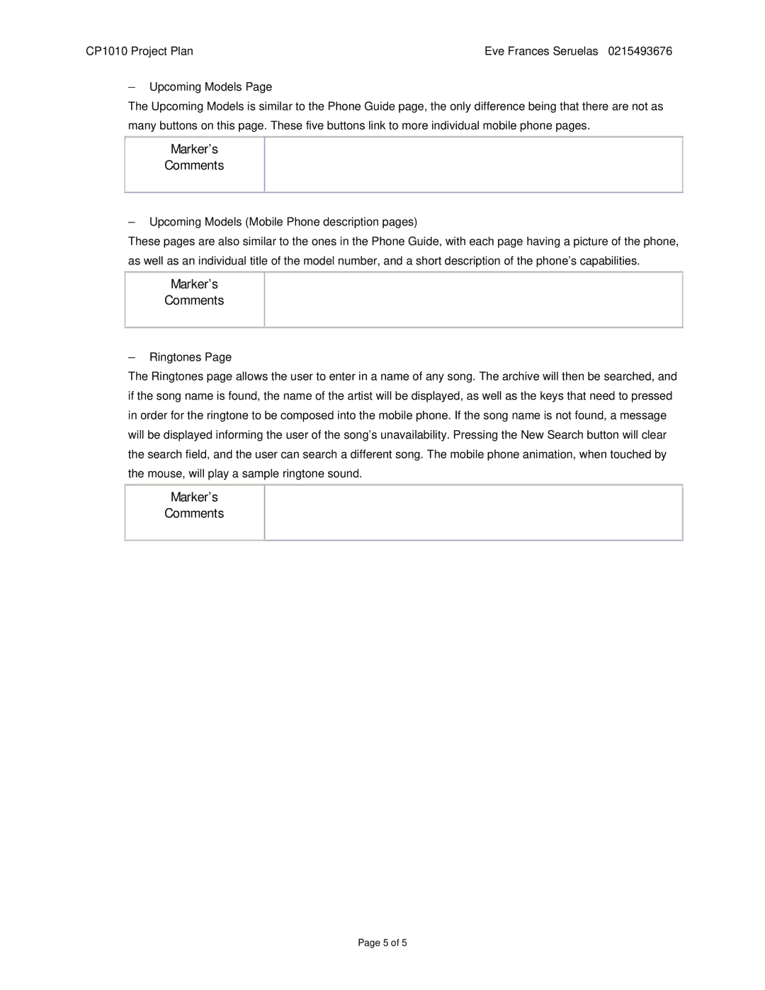 Nokia CP1010 manual Marker’s Comments 