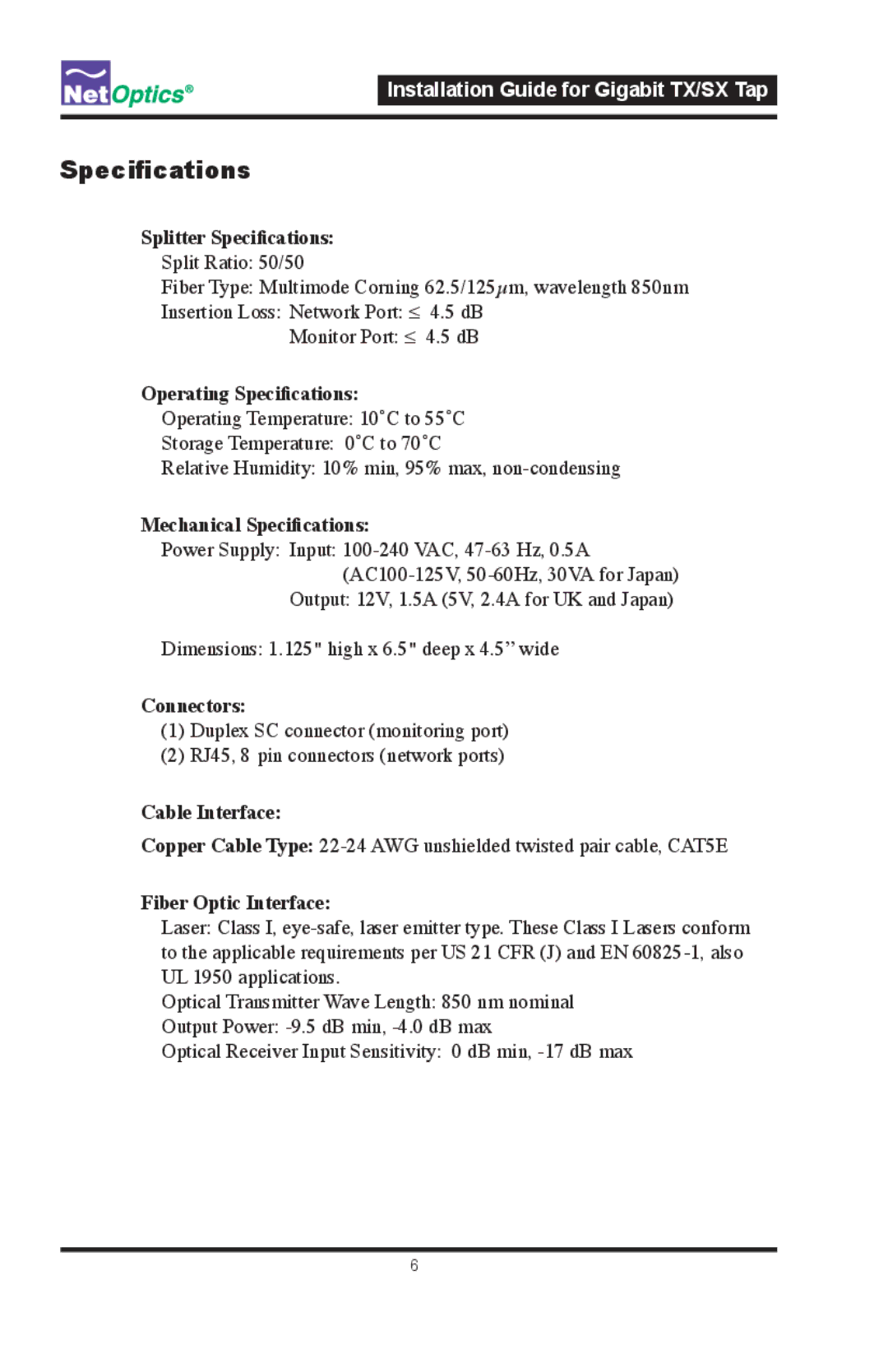 Nokia CVT-GCU/SX manual Splitter Specifications 