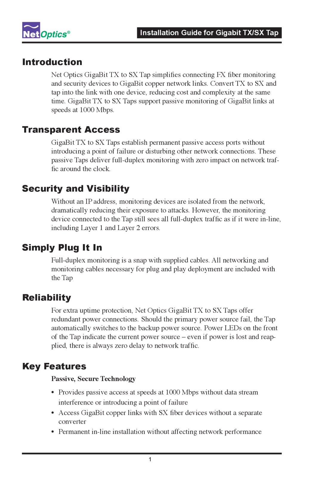 Nokia CVT-GCU/SX Introduction, Transparent Access, Security and Visibility, Simply Plug It, Reliability, Key Features 