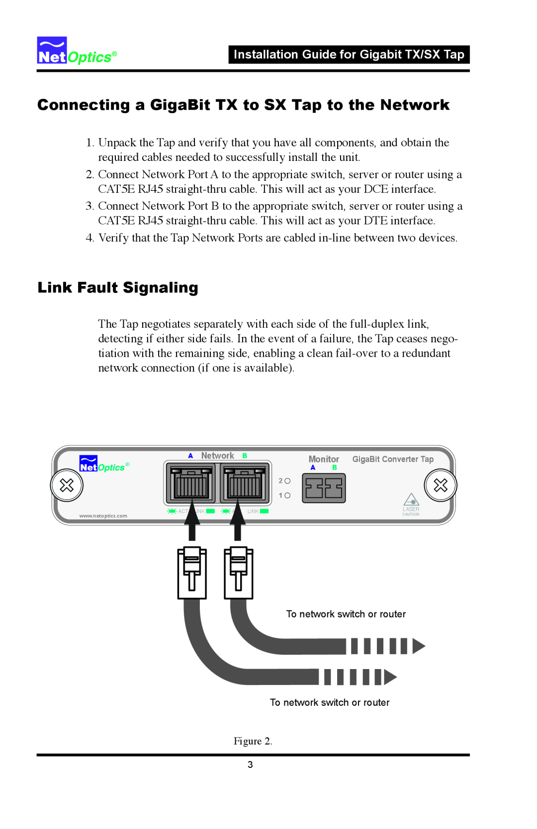 Nokia CVT-GCU/SX manual Connecting a GigaBit TX to SX Tap to the Network, Link Fault Signaling, To network switch or router 