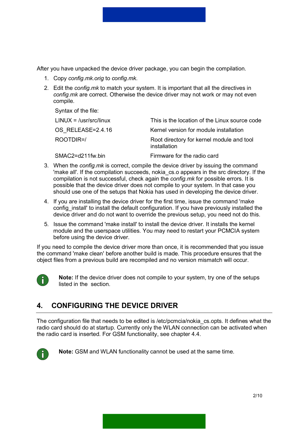 Nokia D211 manual Configuring the Device Driver, OSRELEASE=2.4.16, Rootdir= 