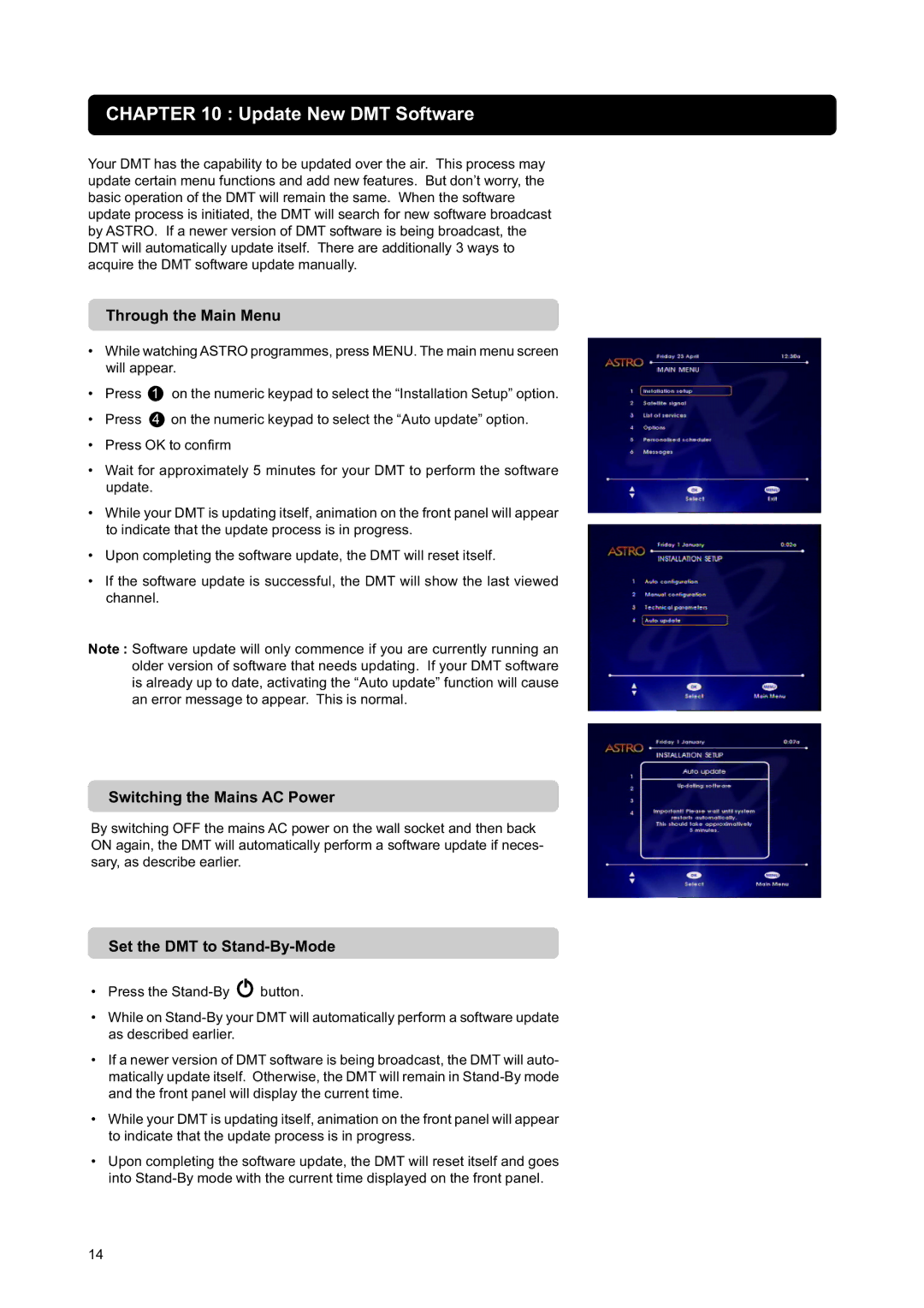 Nokia DIGITAL MULTIMEDIA TERMINAL owner manual Update New DMT Software, Through the Main Menu, Switching the Mains AC Power 