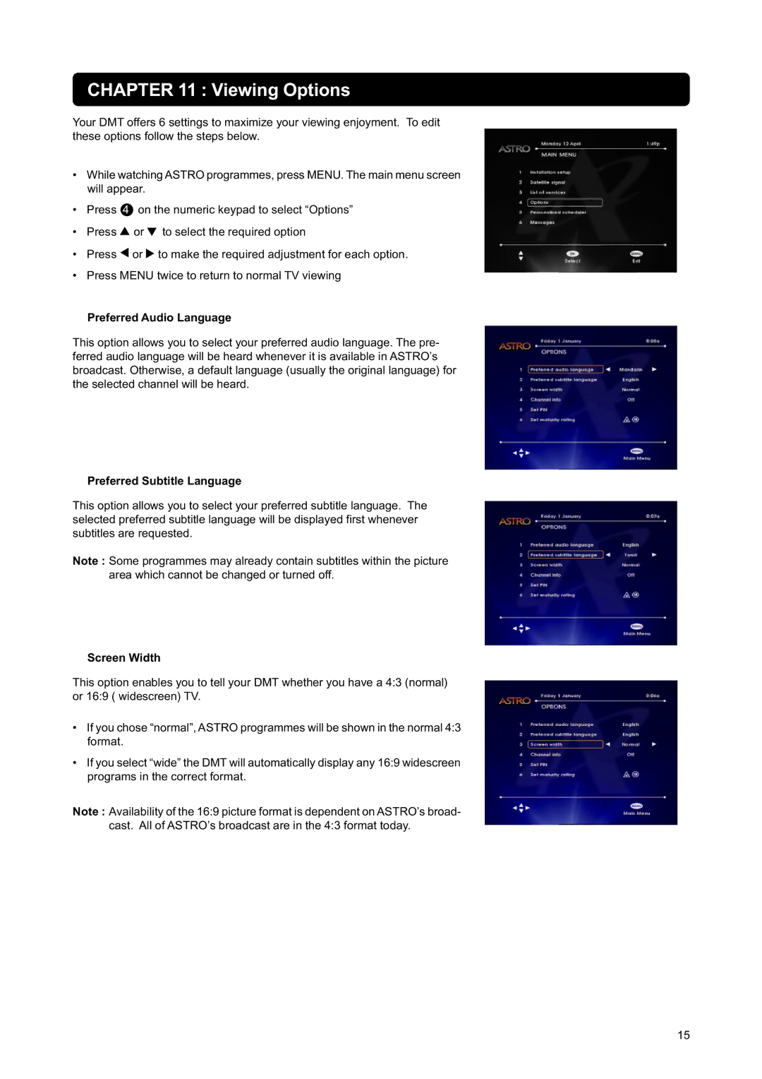 Nokia DIGITAL MULTIMEDIA TERMINAL Viewing Options, Preferred Audio Language, Preferred Subtitle Language, Screen Width 