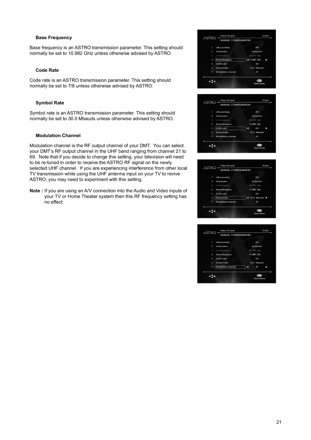 Nokia DIGITAL MULTIMEDIA TERMINAL owner manual Base Frequency, Code Rate, Symbol Rate, Modulation Channel 