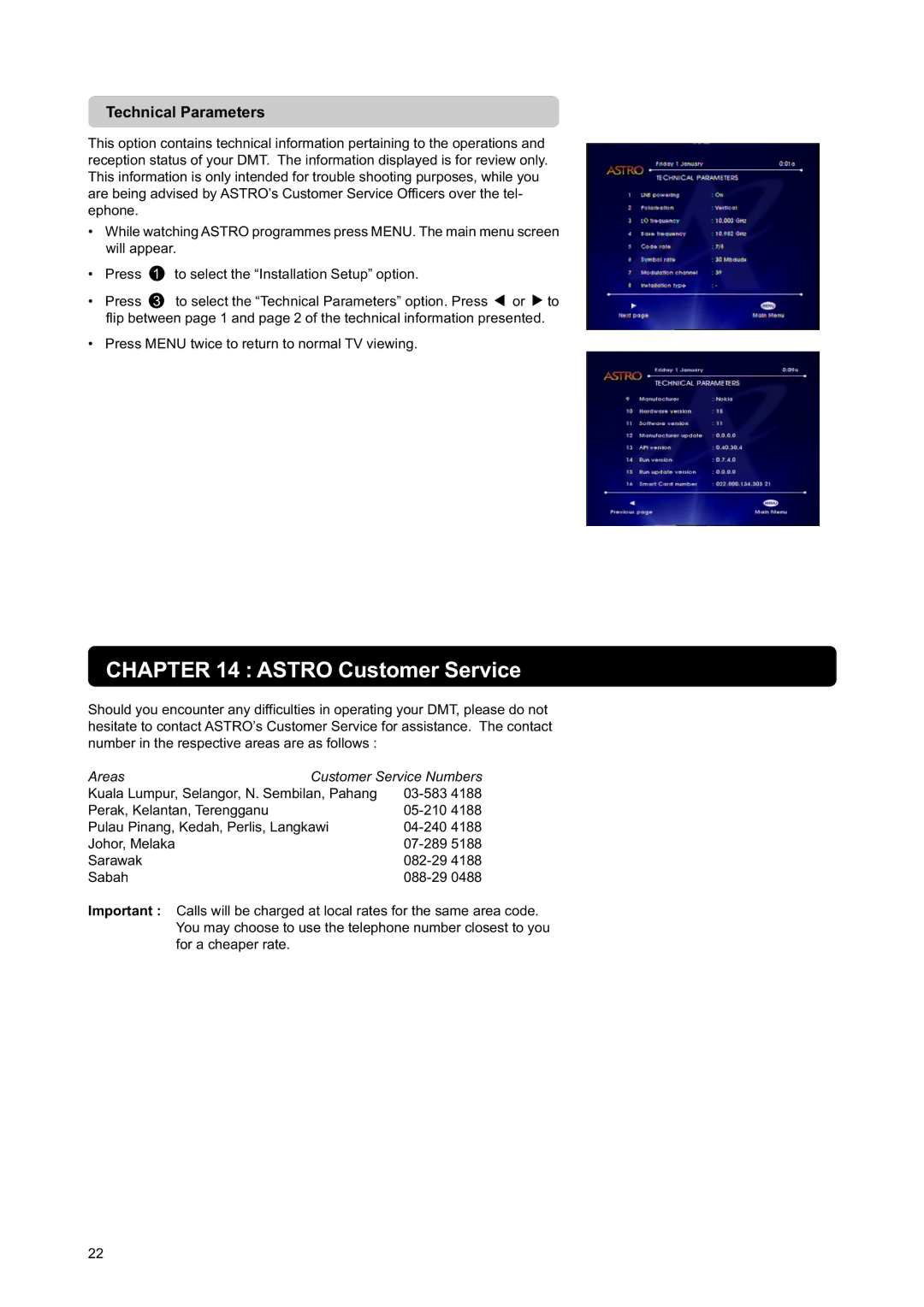 Nokia DIGITAL MULTIMEDIA TERMINAL owner manual Astro Customer Service, Technical Parameters 