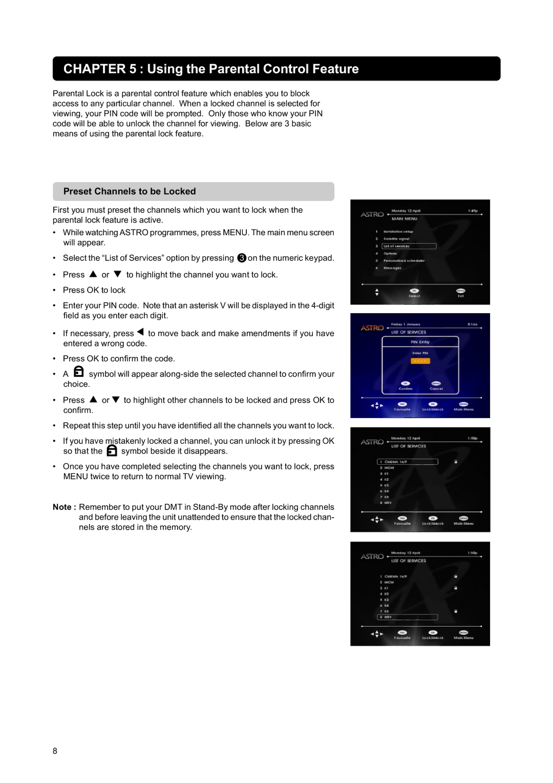 Nokia DIGITAL MULTIMEDIA TERMINAL owner manual Using the Parental Control Feature, Preset Channels to be Locked 