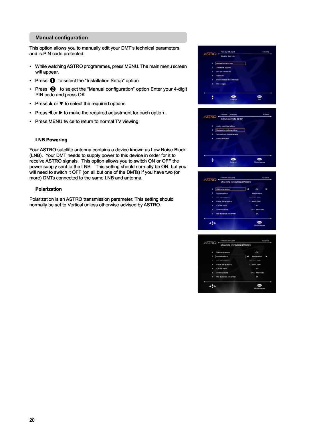 Nokia DIGITAL MULTIMEDIA TERMINAL owner manual Manual configuration, LNB Powering, Polarization 