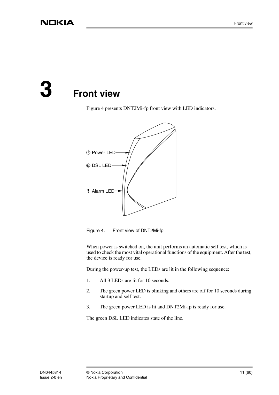 Nokia DNT2Mi-fp user manual Front view, Power LED, Alarm LED 