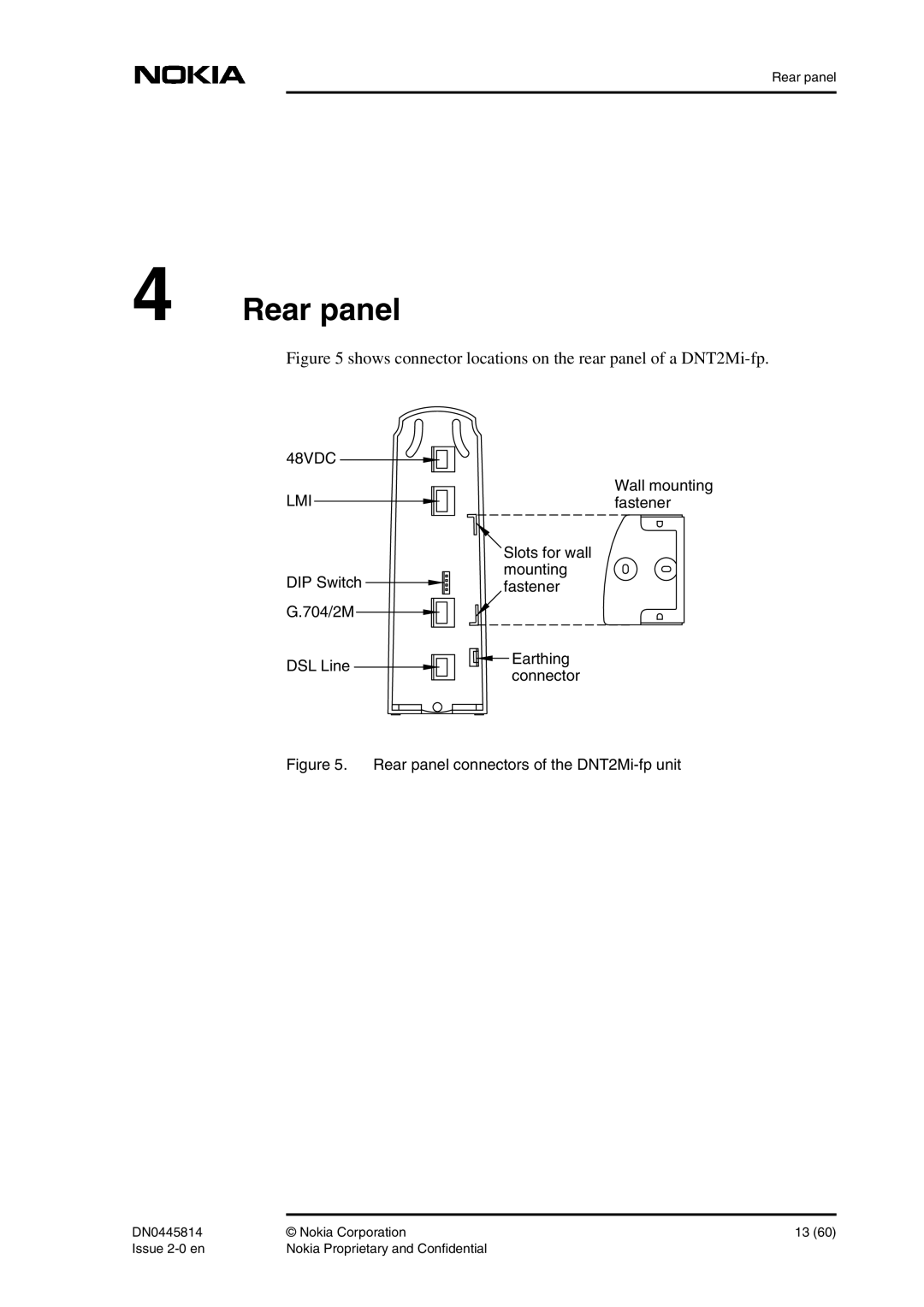 Nokia DNT2Mi-fp user manual Rear panel, Wall mounting, Fastener 