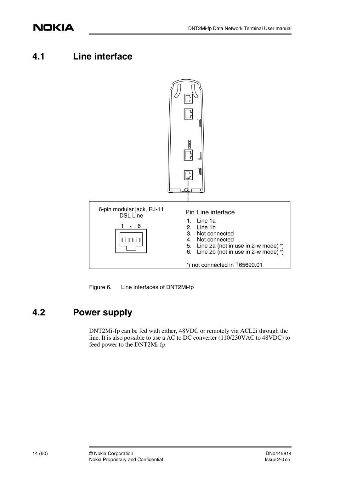 Nokia DNT2Mi-fp user manual Line interface, Power supply, Pin modular jack, RJ-11 DSL Line 