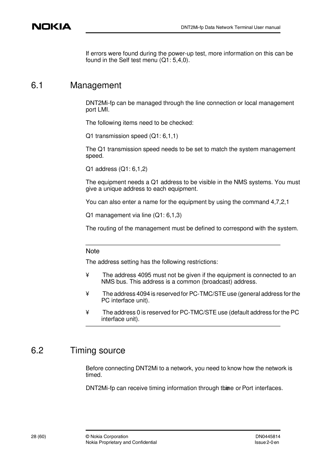 Nokia DNT2Mi-fp user manual Management, Timing source, Q1 transmission speed Q1 6,1,1, Q1 address Q1 6,1,2 