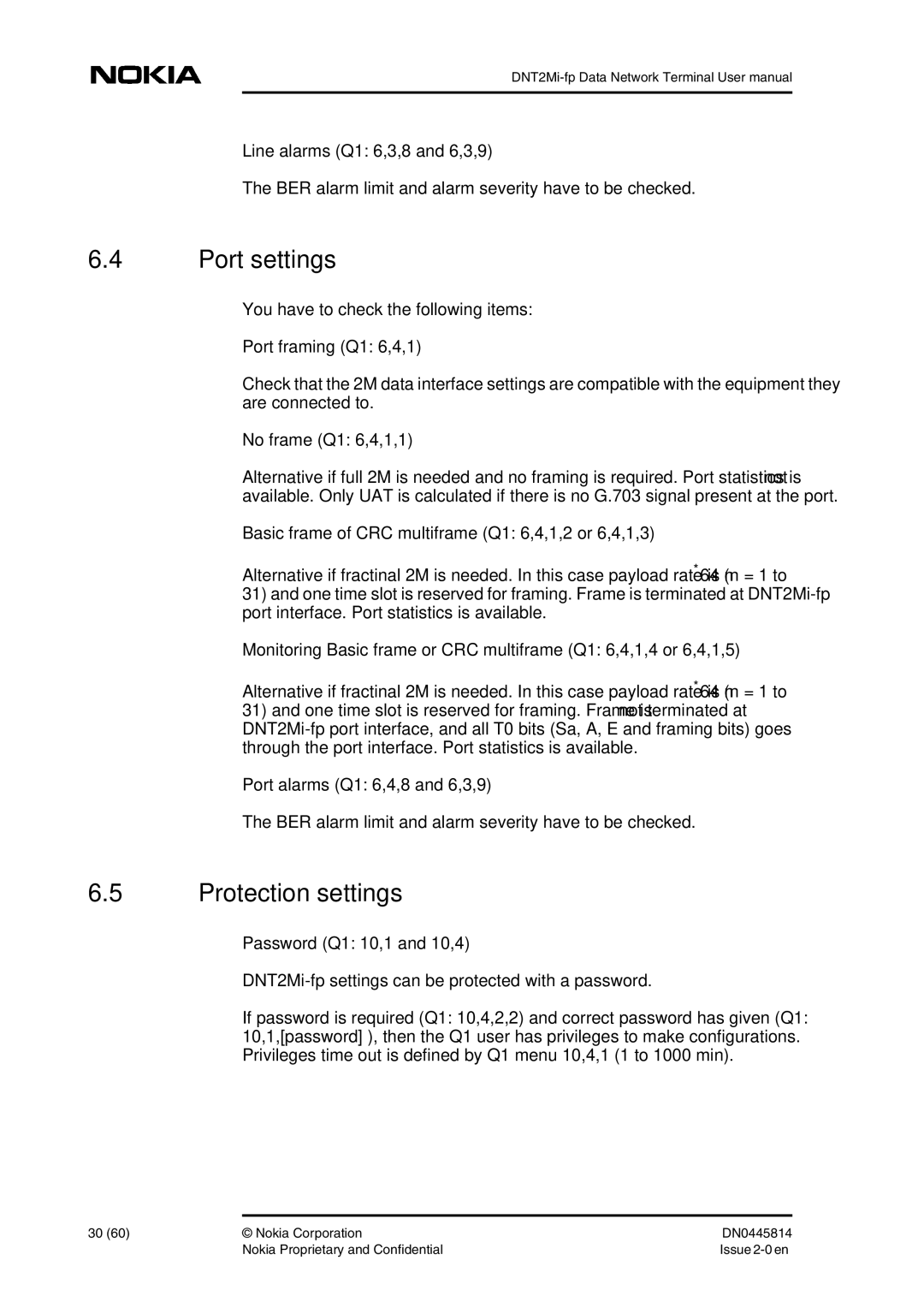 Nokia DNT2Mi-fp user manual Port settings, Protection settings 