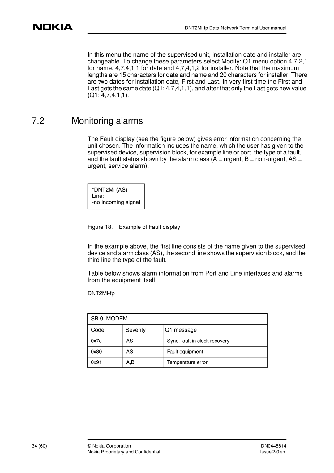 Nokia DNT2Mi-fp user manual Monitoring alarms, DNT2Mi AS Line No incoming signal, Code Severity Q1 message 