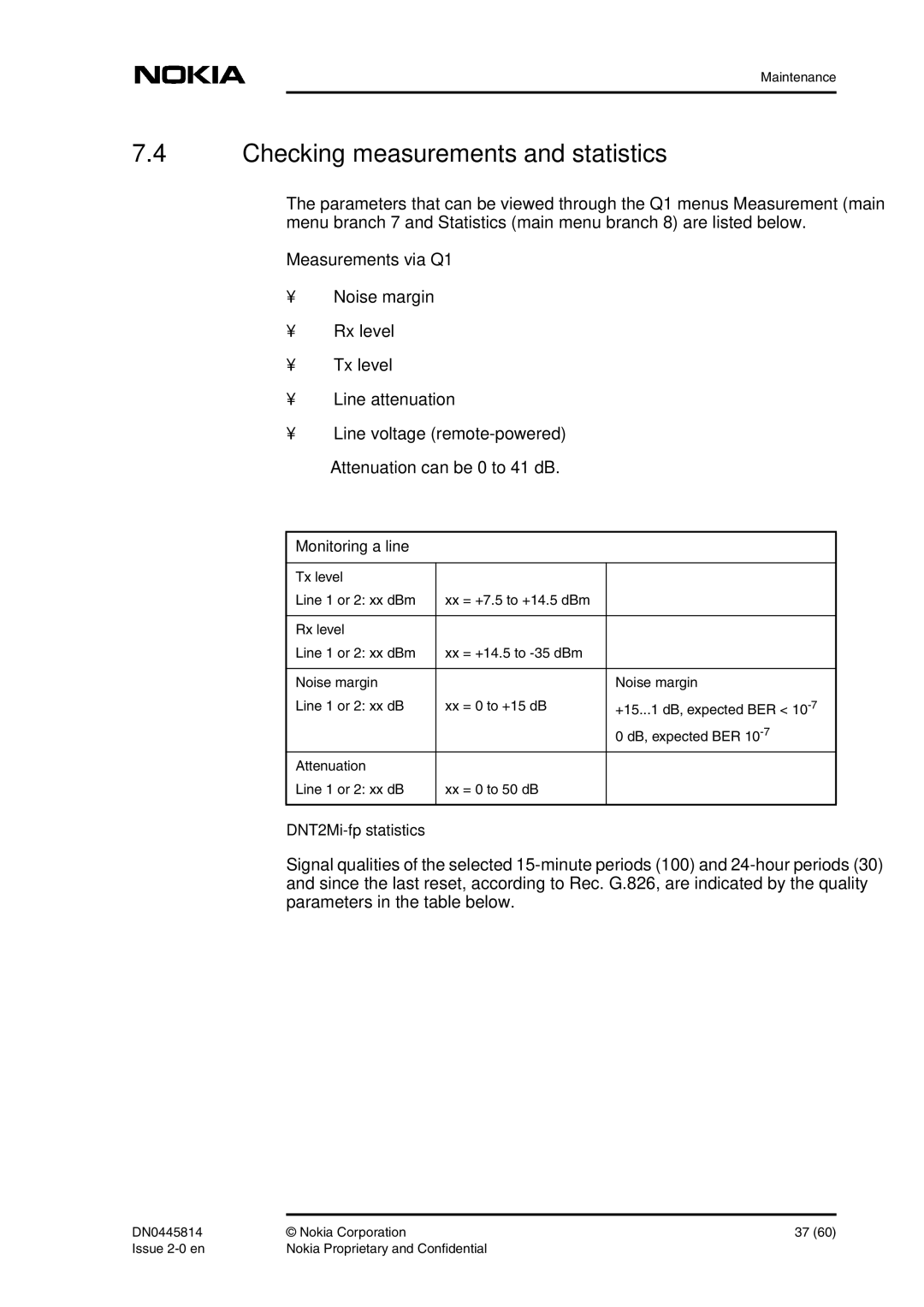 Nokia user manual Checking measurements and statistics, Measurements via Q1, Monitoring a line, DNT2Mi-fp statistics 