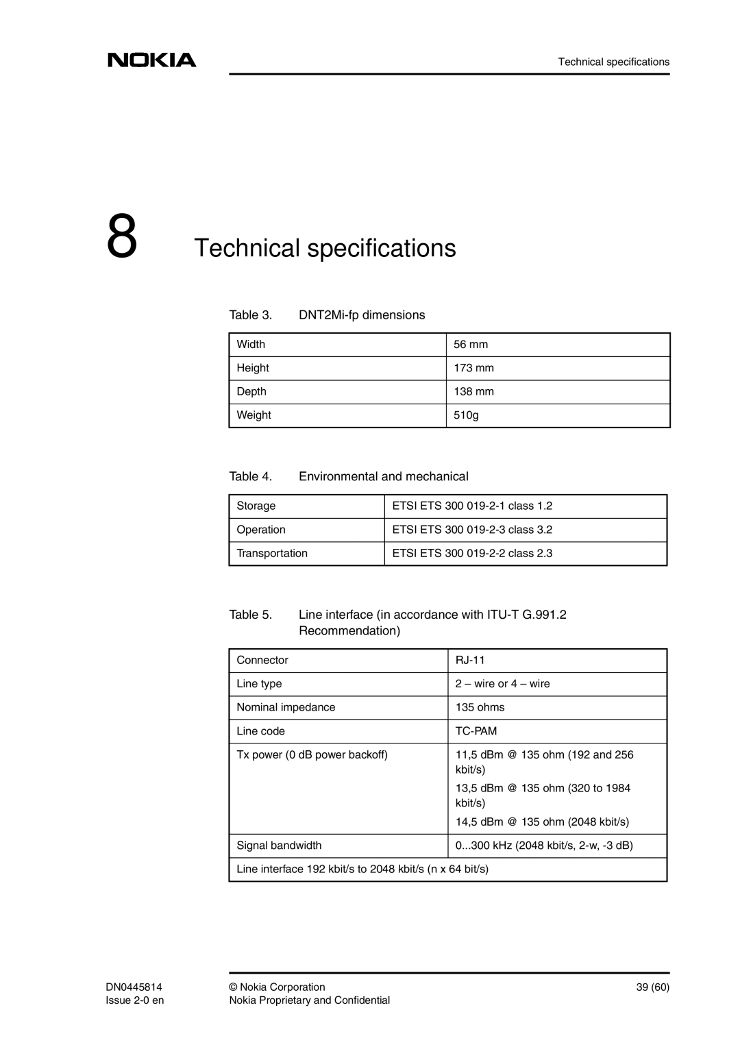 Nokia user manual Technical specifications, DNT2Mi-fp dimensions, Environmental and mechanical, Recommendation 