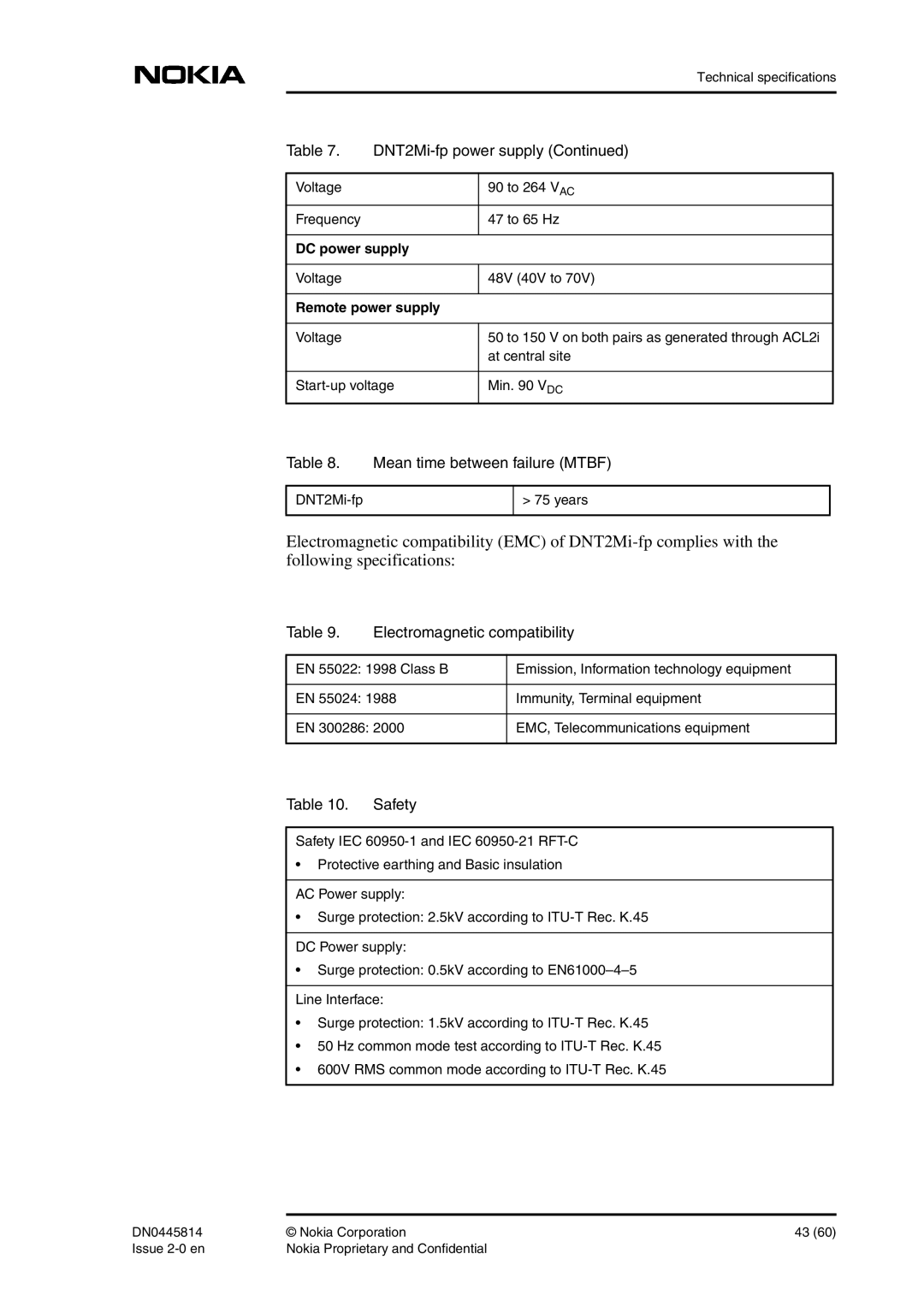 Nokia DNT2Mi-fp user manual Mean time between failure Mtbf, Electromagnetic compatibility, Safety, DC power supply 