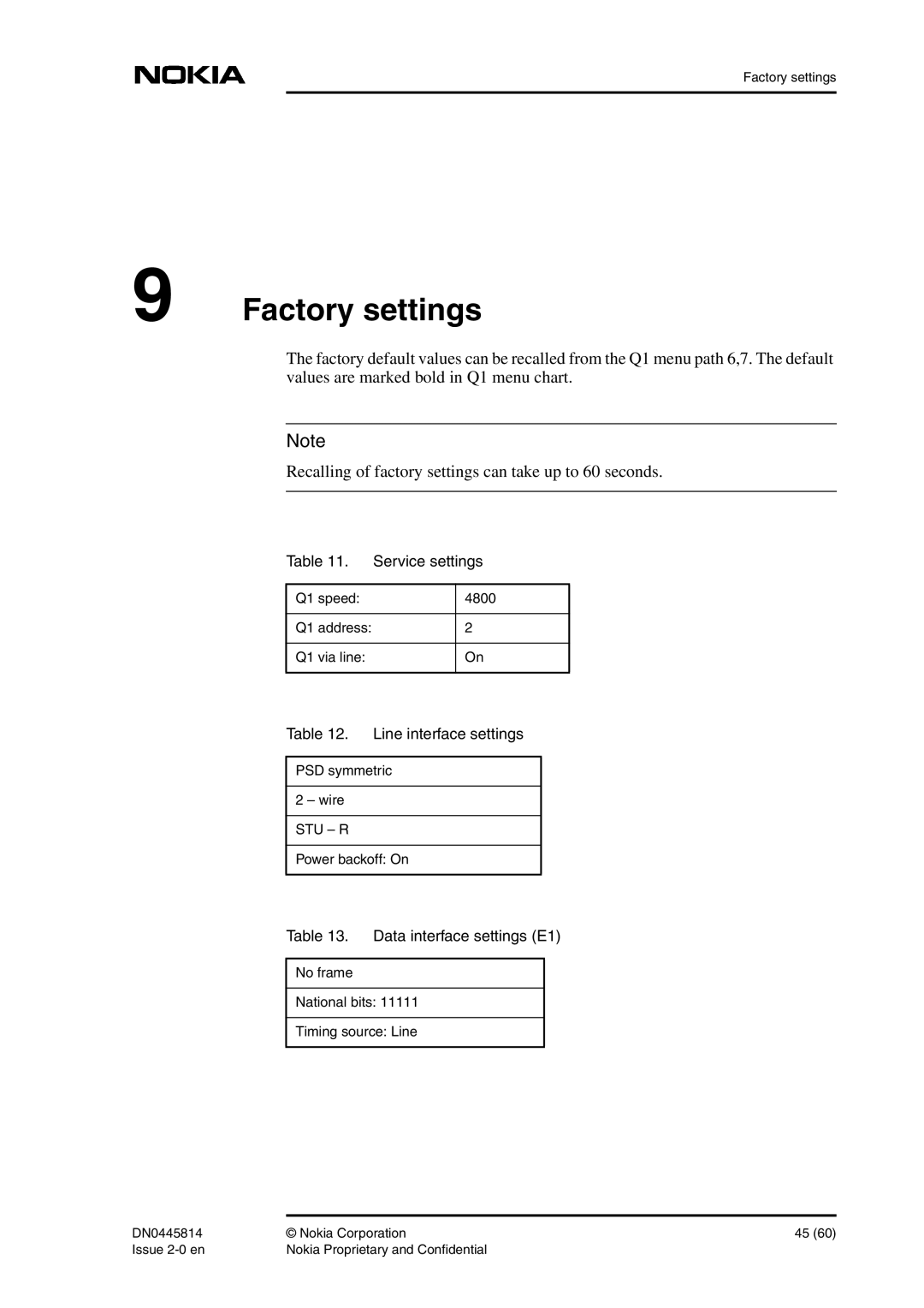 Nokia DNT2Mi-fp user manual Factory settings, Service settings, Line interface settings, Data interface settings E1 