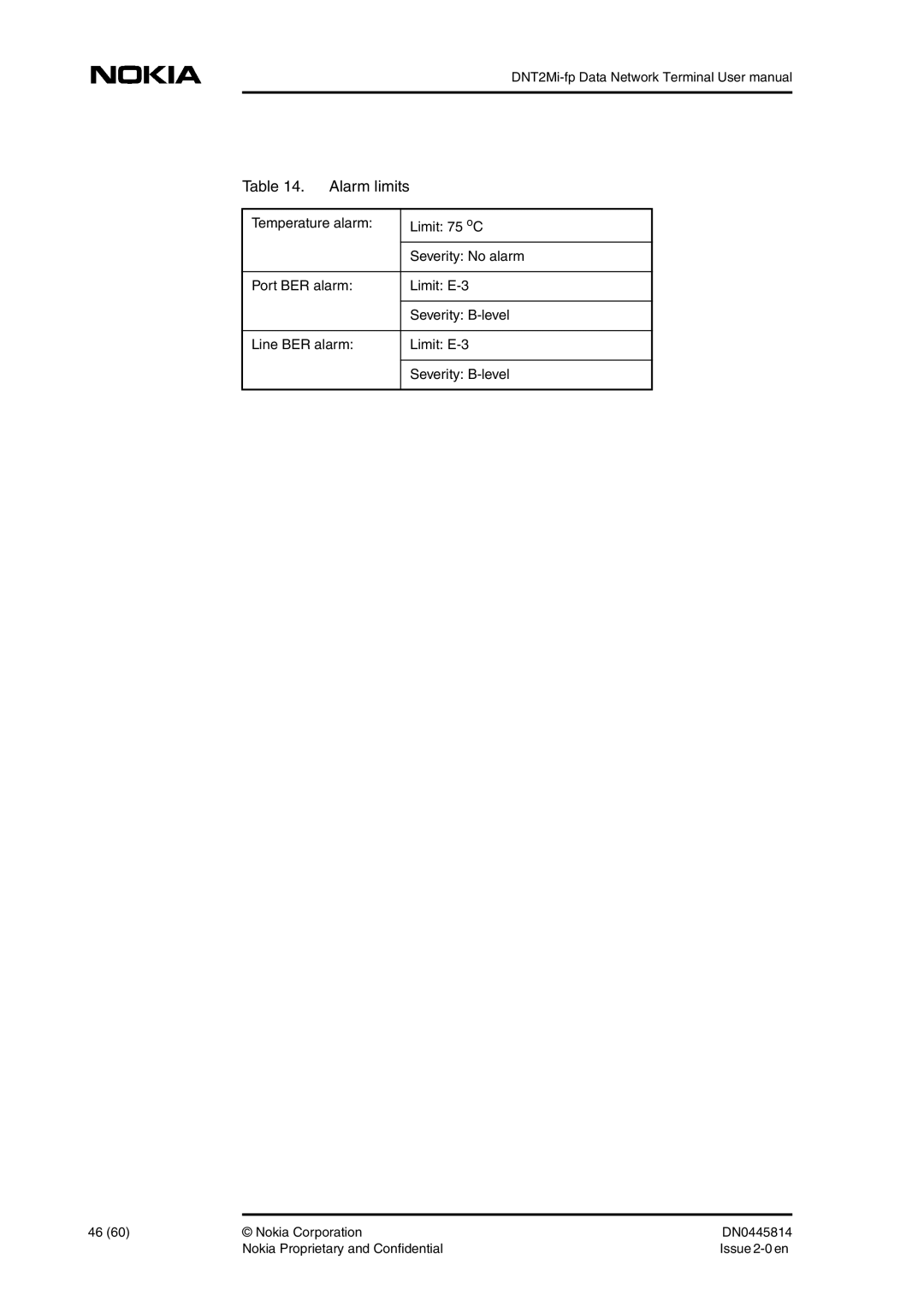 Nokia DNT2Mi-fp user manual Alarm limits 