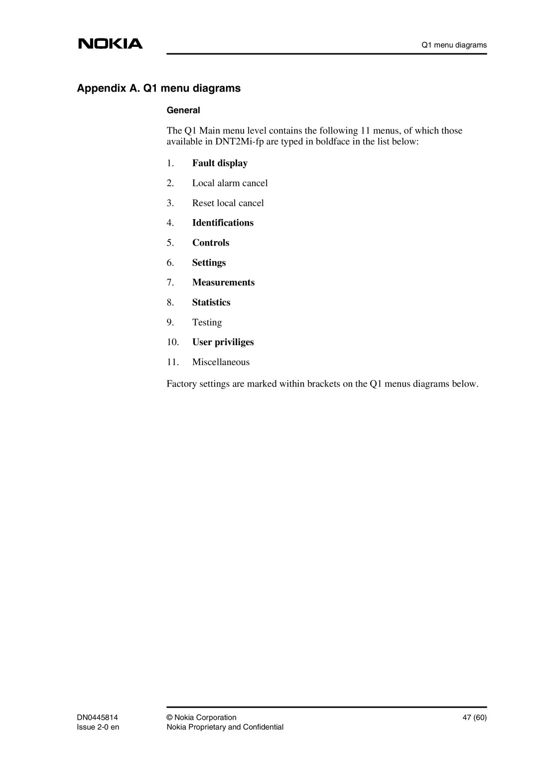 Nokia DNT2Mi-fp Fault display, Identifications Controls Settings Measurements Statistics, User priviliges, General 