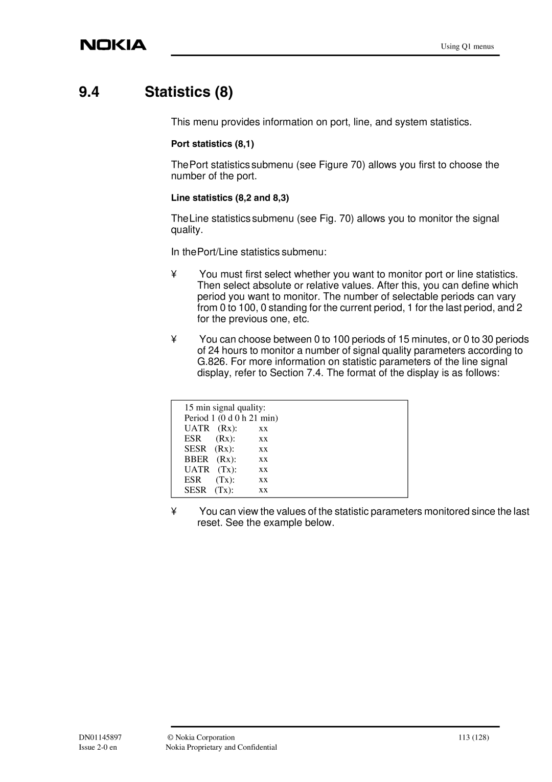 Nokia DNT2Mi sp/mp user manual Statistics, Port/Line statistics submenu 