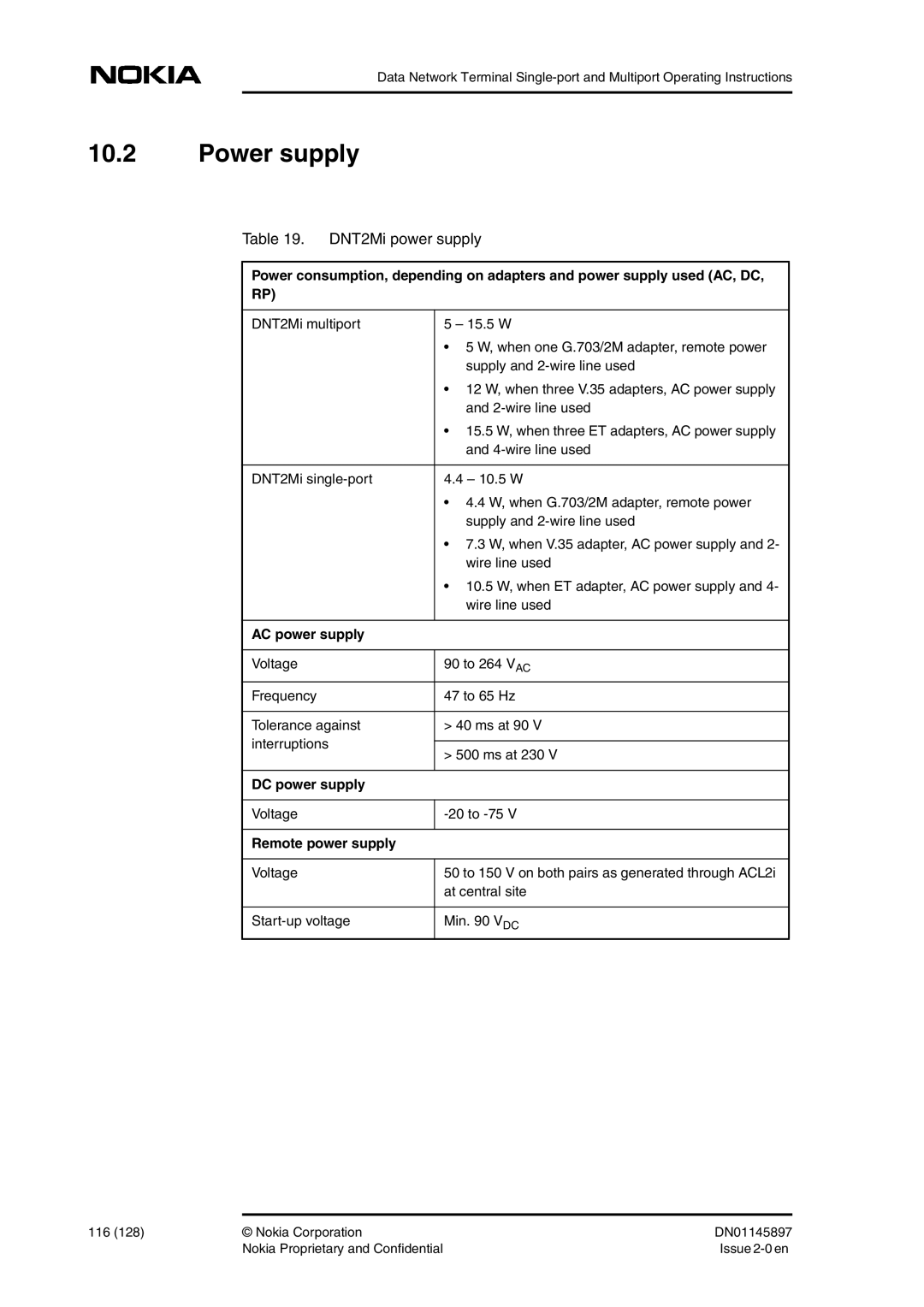 Nokia DNT2Mi sp/mp user manual Power supply, DNT2Mi power supply 