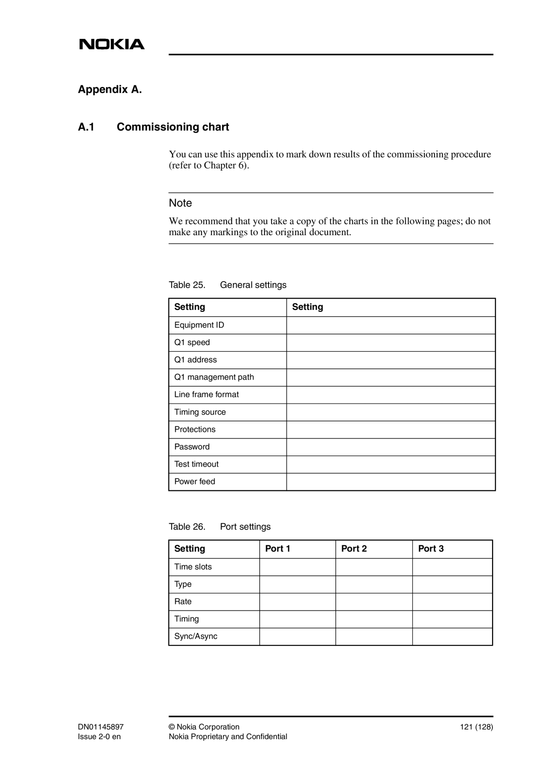 Nokia DNT2Mi sp/mp user manual Appendix a Commissioning chart, General settings, Port settings 