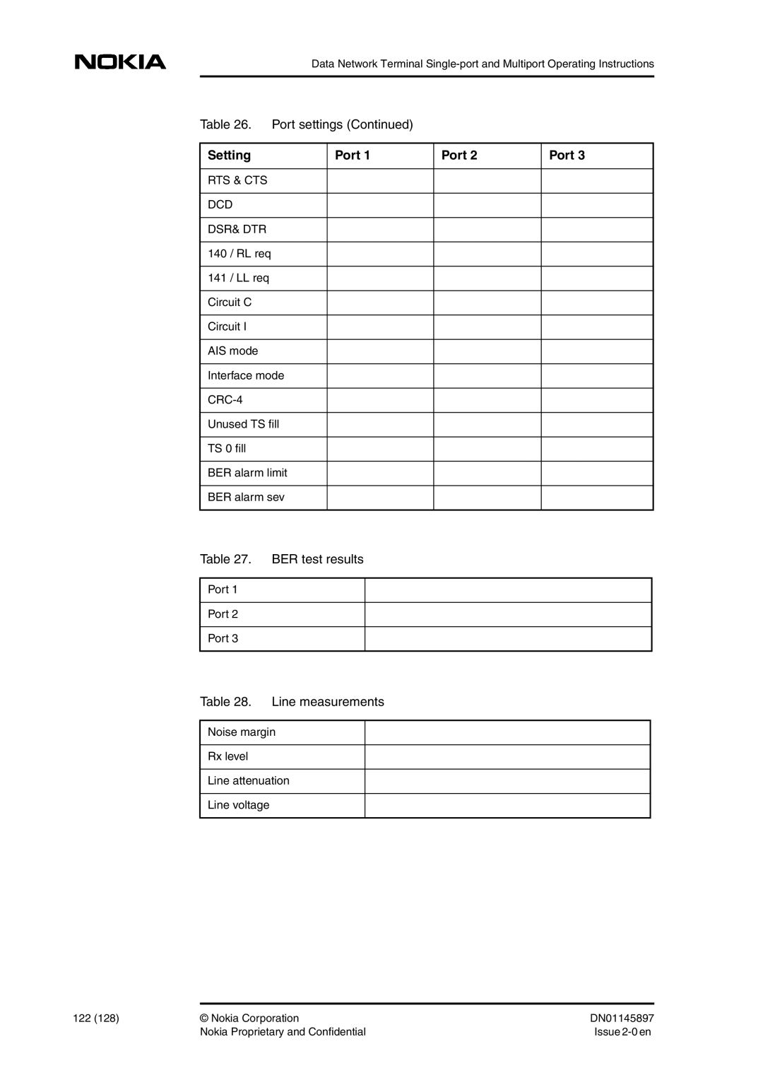 Nokia DNT2Mi sp/mp user manual BER test results, Line measurements 