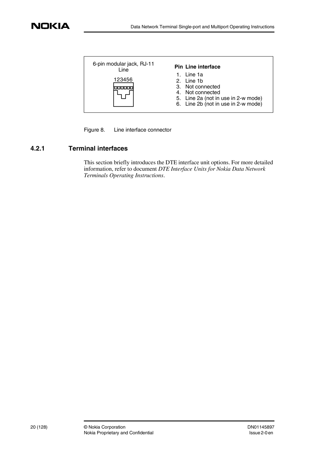 Nokia DNT2Mi sp/mp user manual Terminal interfaces, Pin modular jack, RJ-11 Line 123456 