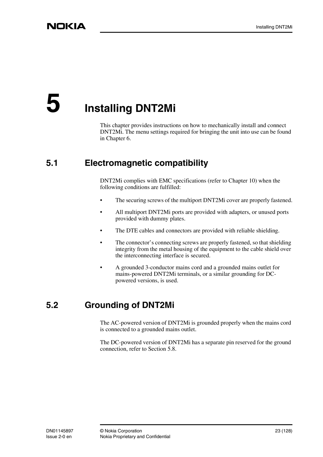 Nokia DNT2Mi sp/mp user manual Electromagnetic compatibility, Grounding of DNT2Mi 