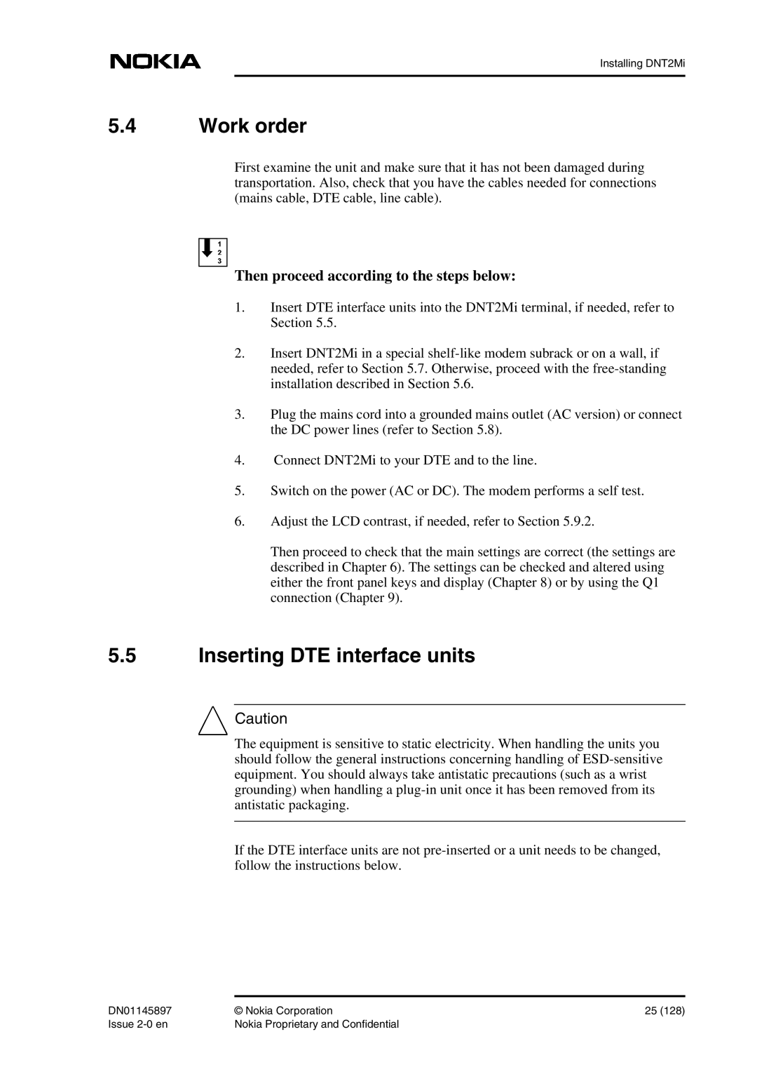 Nokia DNT2Mi sp/mp user manual Work order, Inserting DTE interface units 