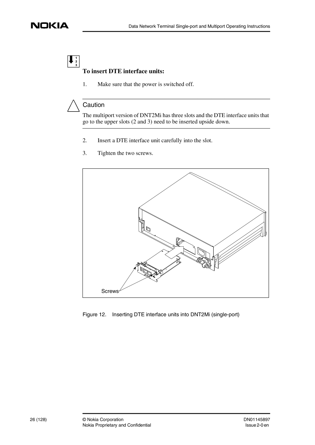 Nokia DNT2Mi sp/mp user manual Screws, Inserting DTE interface units into DNT2Mi single-port 