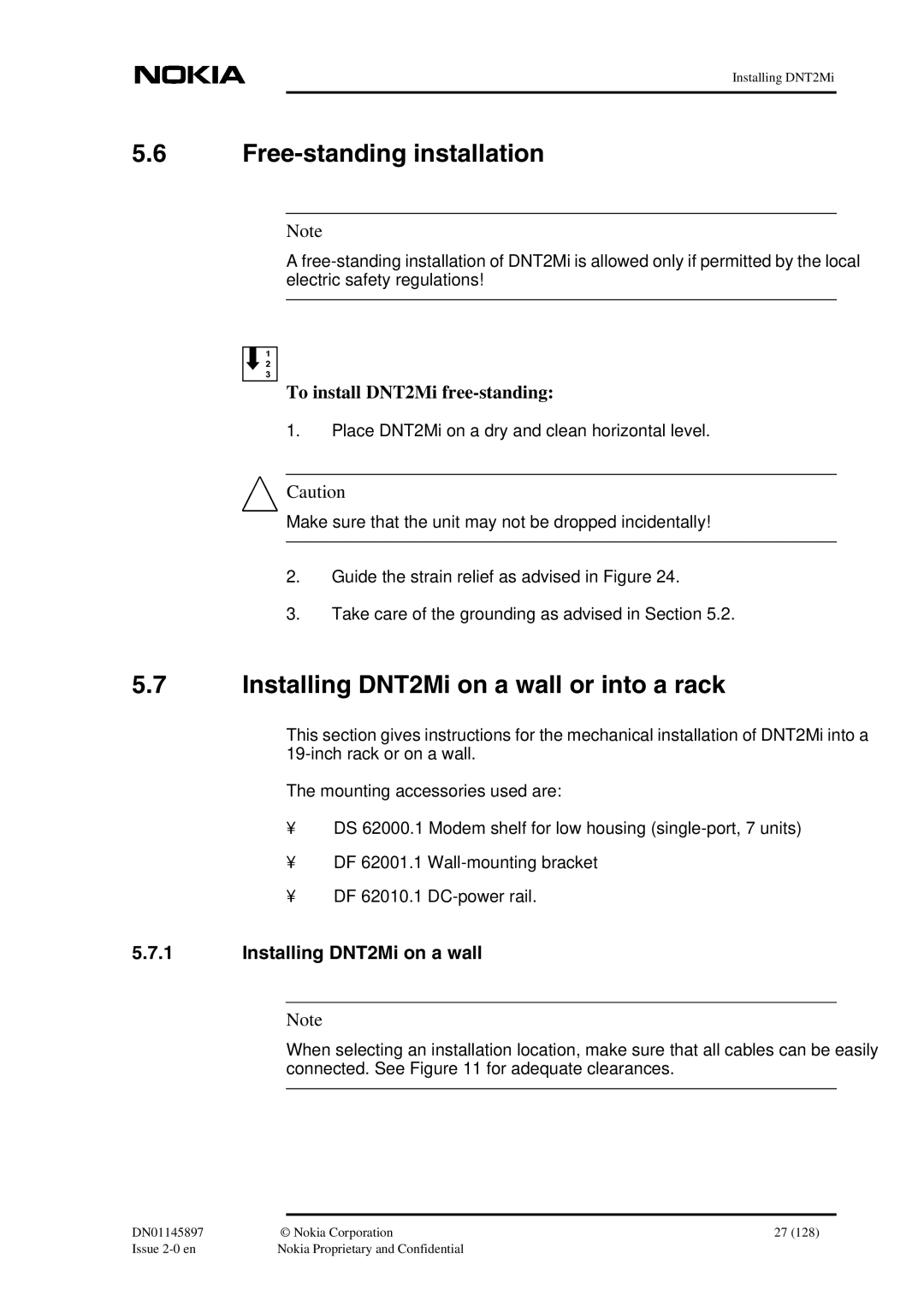 Nokia DNT2Mi sp/mp user manual Free-standing installation, Installing DNT2Mi on a wall or into a rack 